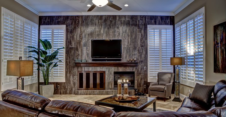 Southern California living room with shutters
