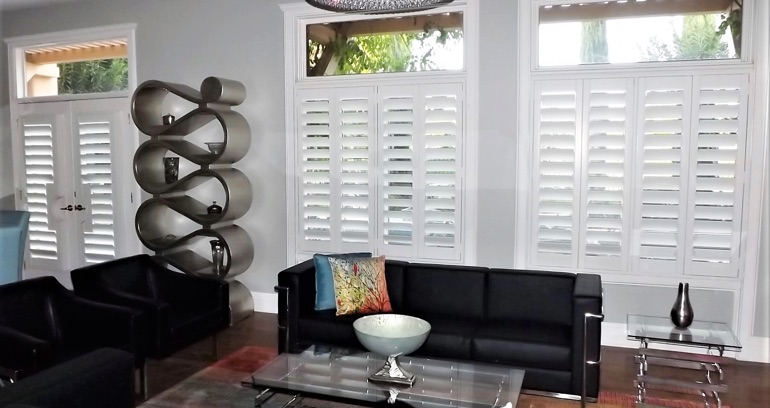 Southern California DIY shutters in living room.