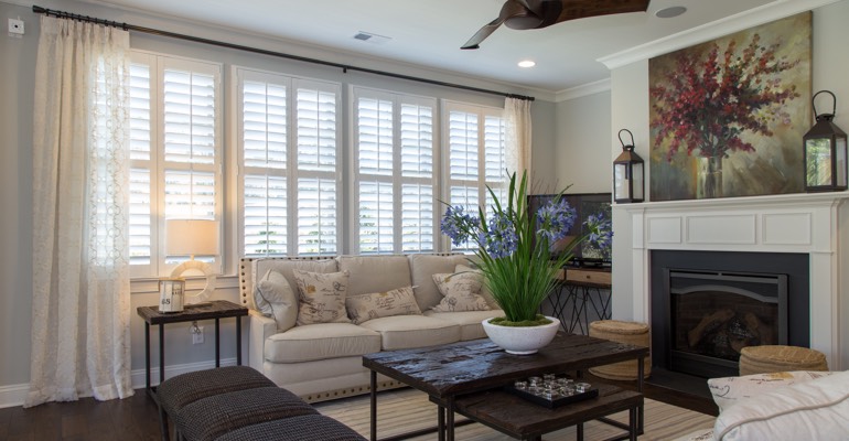Plantation shutters in a Southern California living room.