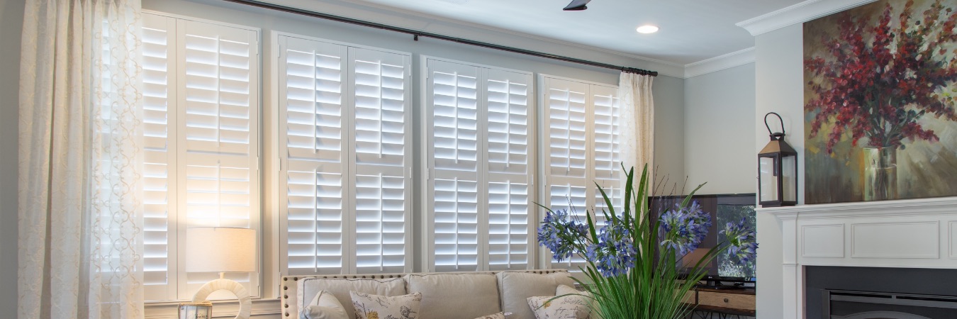 Polywood plantation shutters in Southern California living room