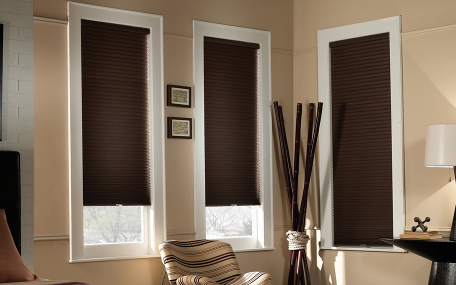 Motorized window shades within the bedroom windows. Espresso color.