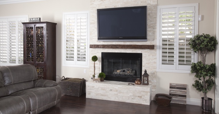 Shutters match chic spaces incredibly well. white shutters in Southern California living room