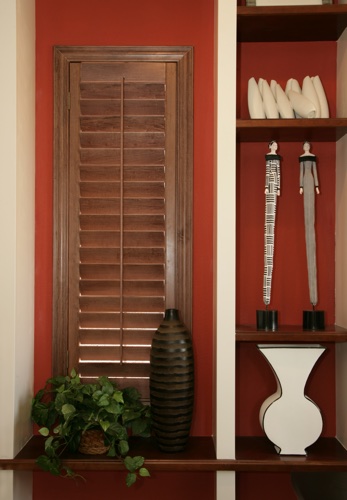 You can even match your wood shutters with shelving. Southern California wood shutter shelving