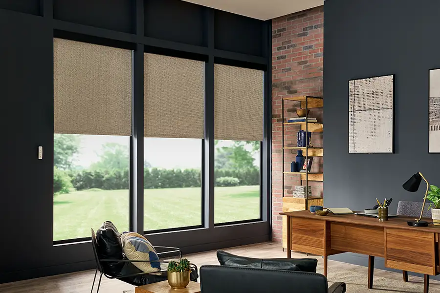 Put motorized window shades on hard-to-reach windows for easy operation. Tan roller shades on tall windows in a dark gray den