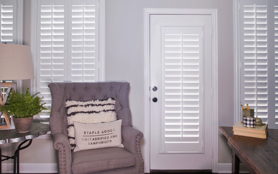 Interior shutters are beautiful and durable window treatments for glass doors in Southern California. Polywood shutters on a door